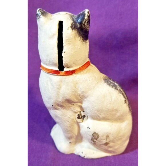 John Wright Grey Iron Casting Company Penny Bank Cast Iron Cat Bank Red Bow - Picture 4 of 6